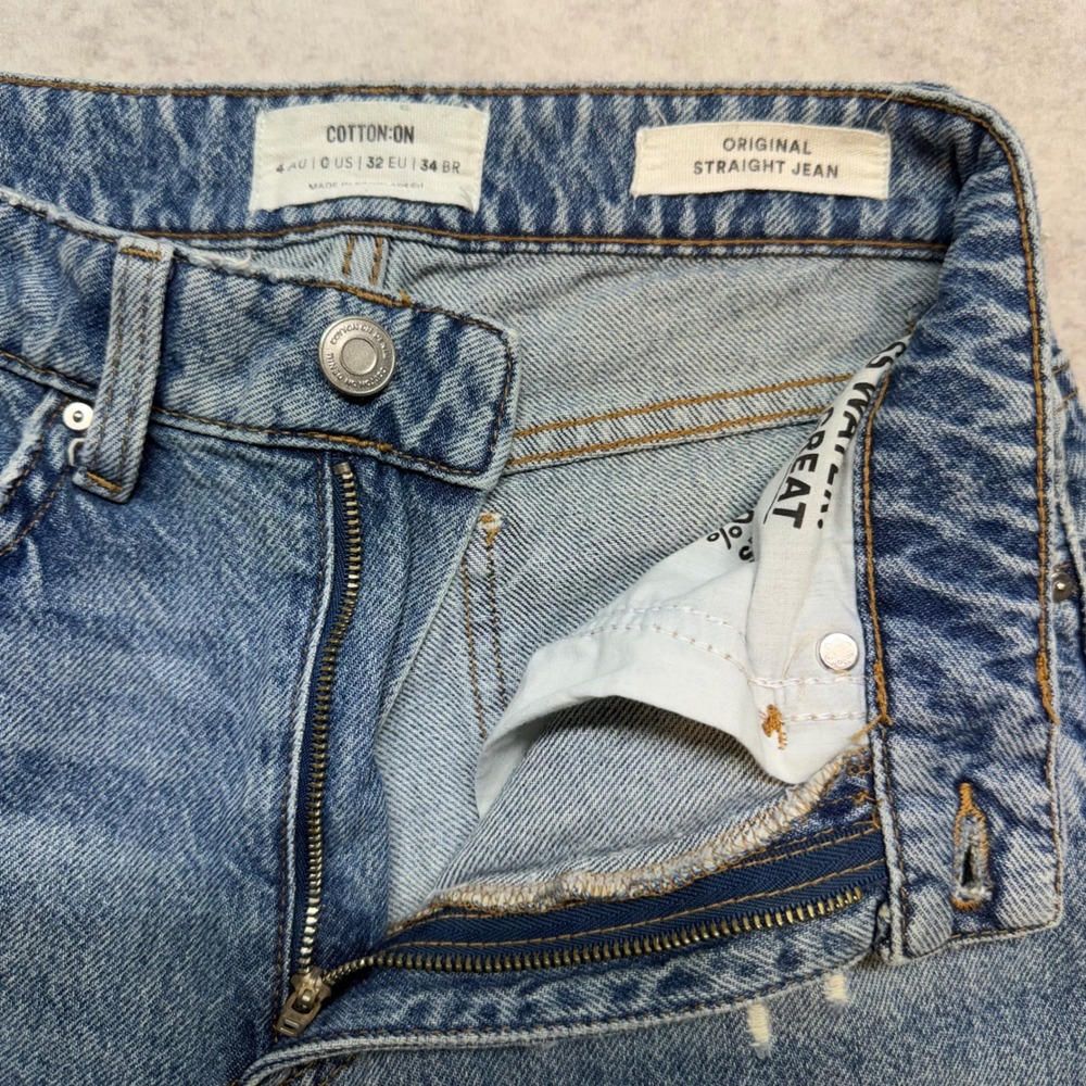 Cotton On Original Straight Jean High Waisted Distressed Blue Denim Size 0 - Picture 3 of 10